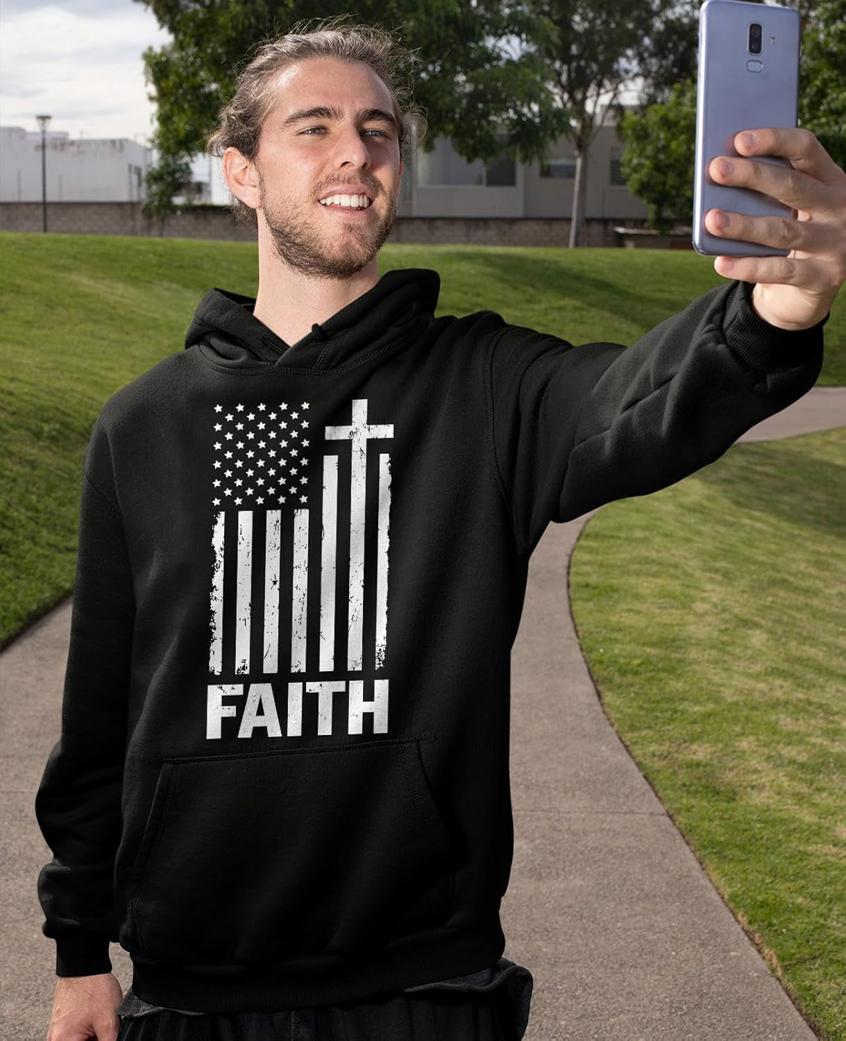 Mens Cross Hoodie - Christians USA Flag Hoodies for Men - Faith Graphic Pullover - Religious Patriotic Sweatshirt