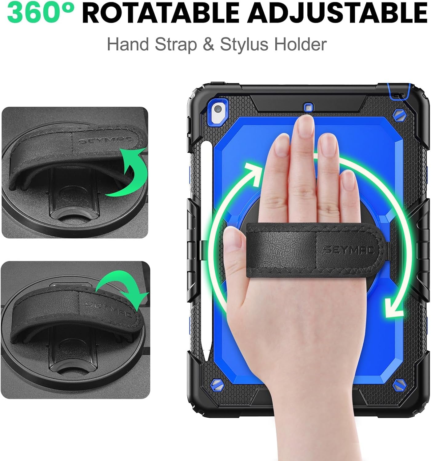 Case Ipad 9Th Generation Kids Ipad 10.2 Case 2021, Full-Body Shock Protective Ipad 7/8/9 Case with Screen Protector Rotating Hand Strap Stand for Ipad 10.2-Inch 9Th/8Th/7Th Gen, Black/Blue