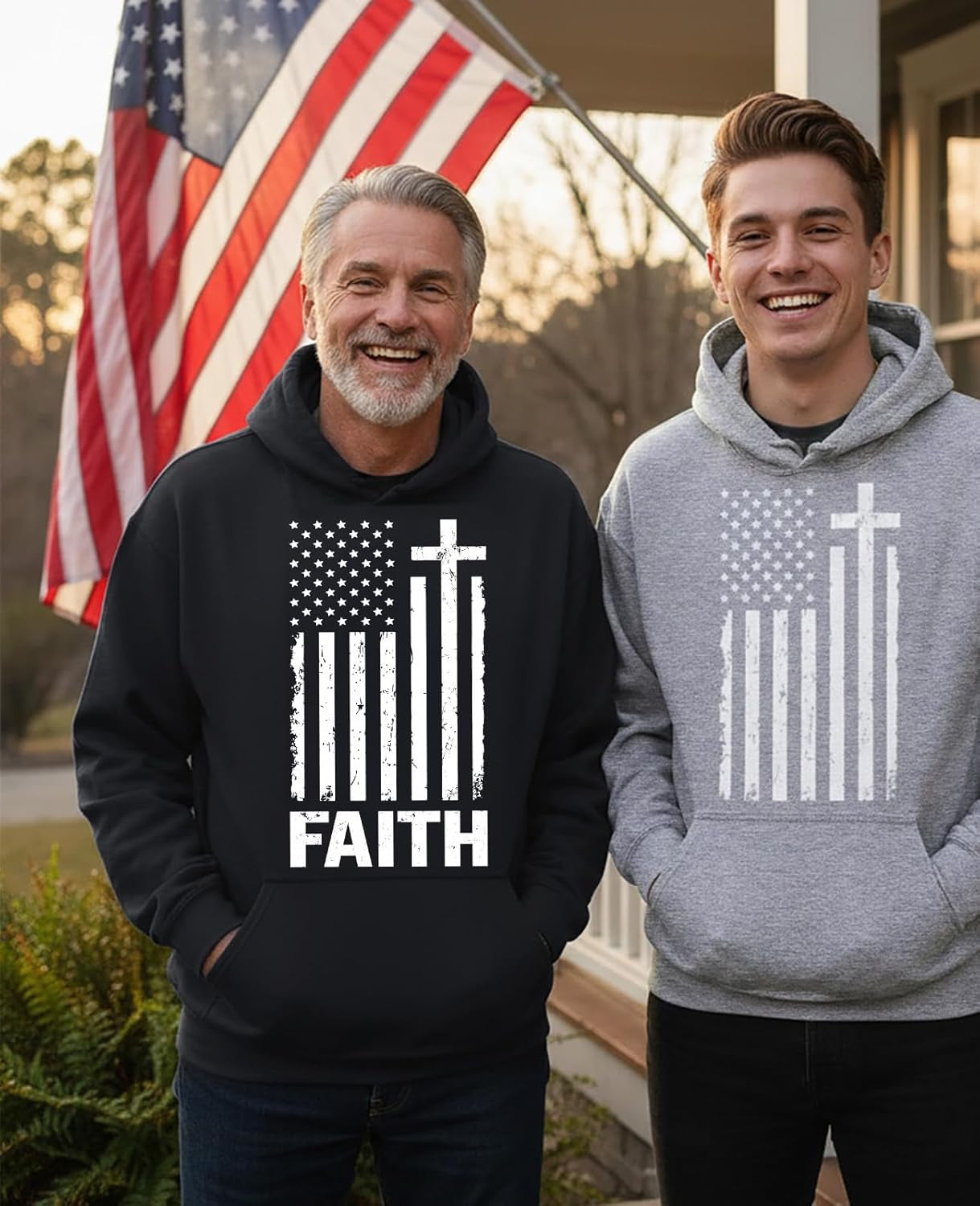 Mens Cross Hoodie - Christians USA Flag Hoodies for Men - Faith Graphic Pullover - Religious Patriotic Sweatshirt